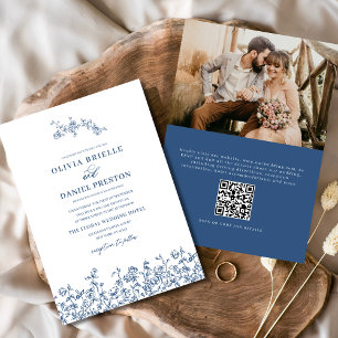フローラフランスの写真QRコードネイビーブルー結婚ズ 招待状