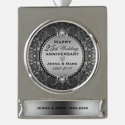 フローラフレームとハート25結婚周年 シルバープレートバナーオーナメント (正面)