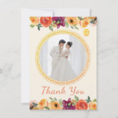 フローラフレームカップル写真ベージュ中国の結婚ズ サンキューカード (正面)