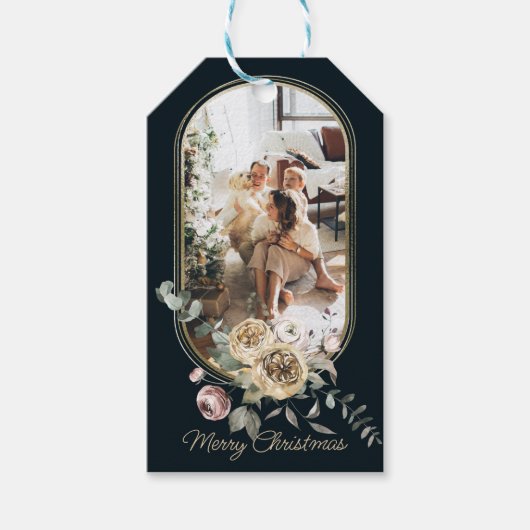 フローラフレームクリスマスホリデー写真パーソナライズされた ギフトタグ (正面)