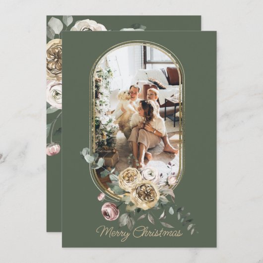 フローラフレームクリスマスホリデー写真パーソナライズされた シーズンカード (正面/裏面)