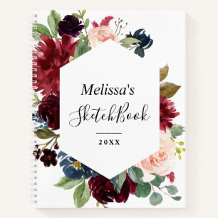 フローラフレームバーガンディ海軍パーソナルスケッチブック ノートブック