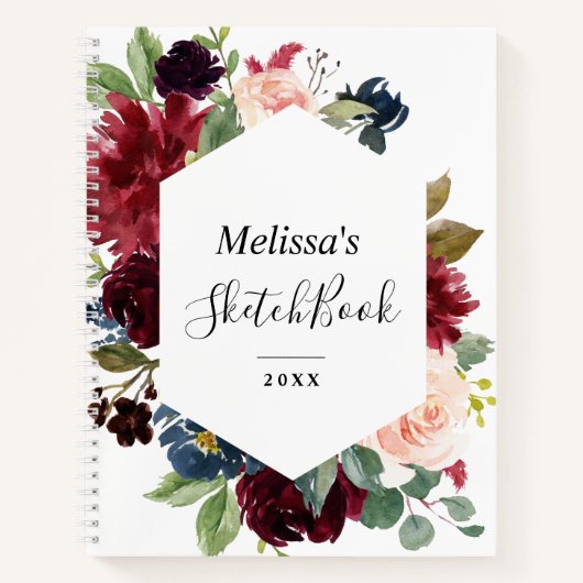 フローラフレームバーガンディ海軍パーソナルスケッチブック ノートブック (正面)