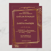 フローラフレームプラムと金ゴールドイスラム結婚教徒 招待状 (正面/裏面)