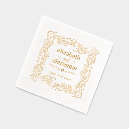 フローラフレーム新郎新婦の結婚名前のカップル 箔ナプキン (左)
