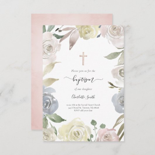 フローラフレーム洗礼ベビーガール 招待状 (正面/裏面)