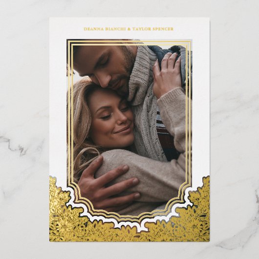 フローラフレーム結婚フォト植物枝 箔招待状 (正面)