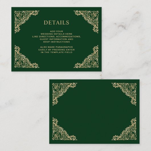フローラフレーム緑と金ゴールド結婚の詳細 エンクロージャーカード (正面/裏面)