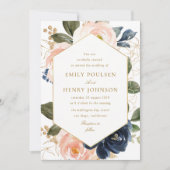 フローラフレームnavy & pink赤面水色結婚s 招待状 (正面)
