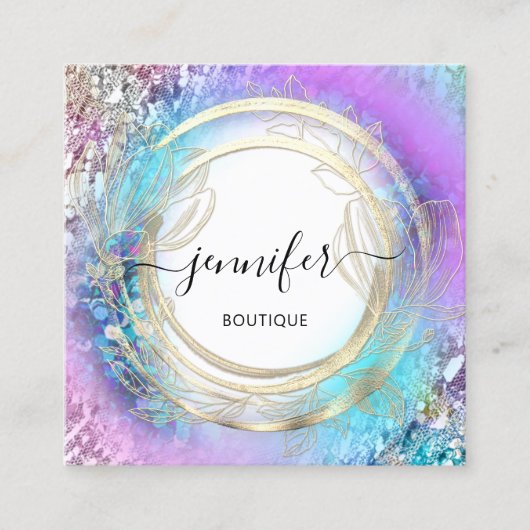 フローラフレームQRコードロゴ金ゴールドガーデンピンク スクエア名刺 (正面)