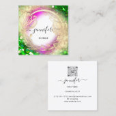 フローラフレームQRコードロゴ金ゴールドグリーンピンク スクエア名刺 (正面/裏面)