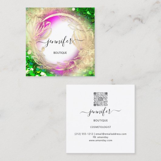 フローラフレームQRコードロゴ金ゴールドグリーンピンク スクエア名刺 (正面/裏面)