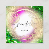 フローラフレームQRコードロゴ金ゴールドグリーンピンク スクエア名刺 (正面)