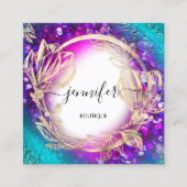 フローラフレームQRコードロゴ金ゴールドグリーンブルー紙吹雪 スクエア名刺 (正面)