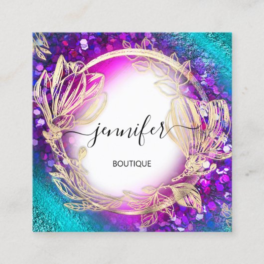 フローラフレームQRコードロゴ金ゴールドグリーンブルー紙吹雪 スクエア名刺 (正面)