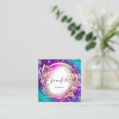 フローラフレームQRコードロゴ金ゴールドグリーンブルー紙吹雪 スクエア名刺 (スタンド正面)