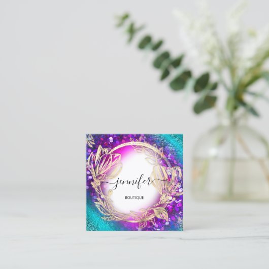 フローラフレームQRコードロゴ金ゴールドグリーンブルー紙吹雪 スクエア名刺 (スタンド正面)