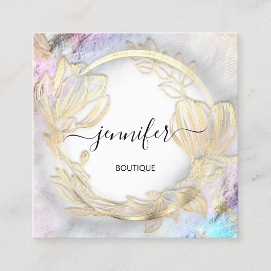 フローラフレームQRコードロゴ金ゴールドグレー抽象芸術 スクエア名刺 (正面)