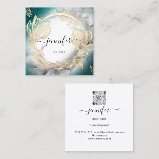 フローラフレームQRコードロゴ金ゴールドティール(緑がかった色)グレー スクエア名刺 (正面/裏面)