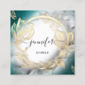 フローラフレームQRコードロゴ金ゴールドティール(緑がかった色)グレー スクエア名刺 (正面)