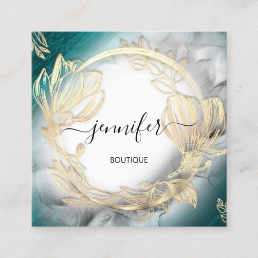 フローラフレームQRコードロゴ金ゴールドティール（緑がかった色）グレー スクエア名刺 (正面)