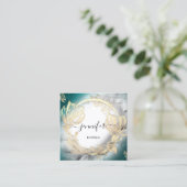 フローラフレームQRコードロゴ金ゴールドティール(緑がかった色)グレー スクエア名刺 (スタンド正面)