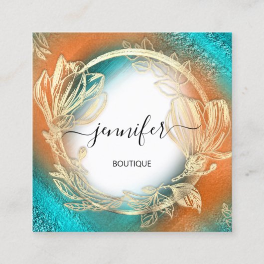 フローラフレームQRコードロゴ金ゴールドティール（緑がかった色）サンゴ スクエア名刺 (正面)