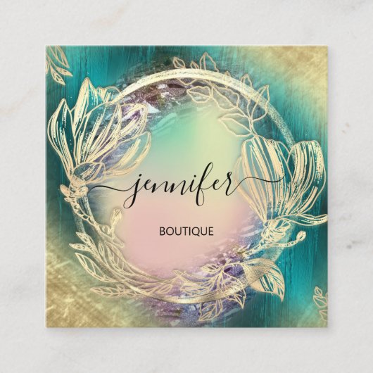 フローラフレームQRコードロゴ金ゴールドティール（緑がかった色）バラ スクエア名刺 (正面)