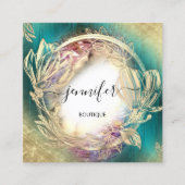 フローラフレームQRコードロゴ金ゴールドティール(緑がかった色)緑四角B スクエア名刺 (正面)