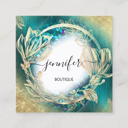 フローラフレームQRコードロゴ金ゴールドティール（緑がかった色）青 スクエア名刺 (正面)