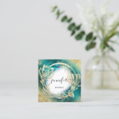 フローラフレームQRコードロゴ金ゴールドティール（緑がかった色）青 スクエア名刺 (スタンド正面)