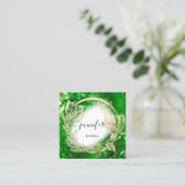 フローラフレームQRコードロゴ金ゴールドトロピカルグリーン スクエア名刺 (スタンド正面)