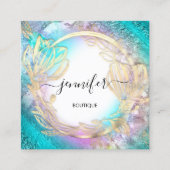 フローラフレームQRコードロゴ金ゴールドブルーピンク スクエア名刺 (正面)