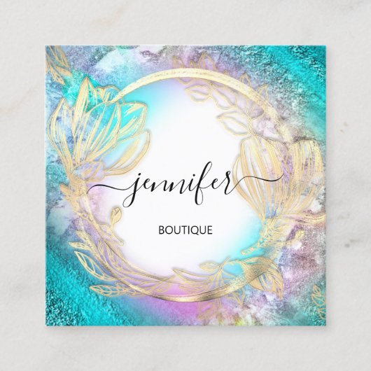 フローラフレームQRコードロゴ金ゴールドブルーピンク スクエア名刺 (正面)