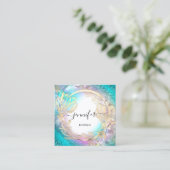 フローラフレームQRコードロゴ金ゴールドブルーピンク スクエア名刺 (スタンド正面)