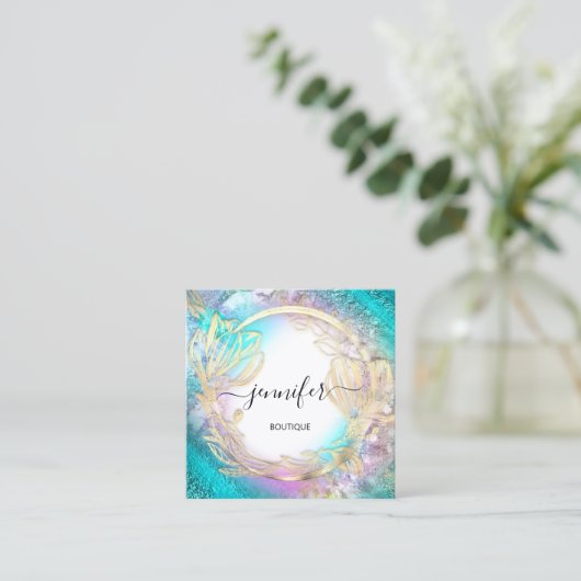 フローラフレームQRコードロゴ金ゴールドブルーピンク スクエア名刺 (スタンド正面)