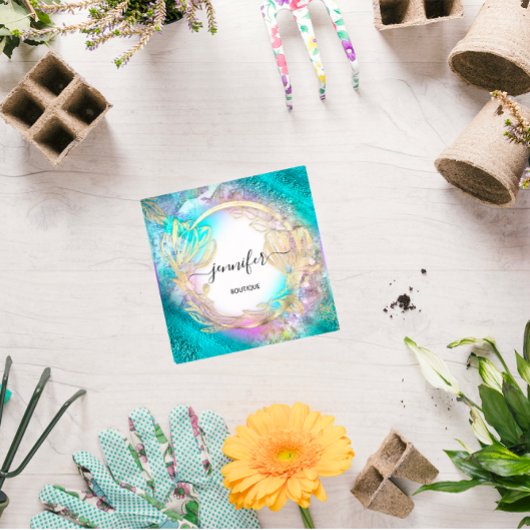 フローラフレームQRコードロゴ金ゴールドブルーピンク スクエア名刺