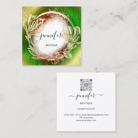 フローラフレームQRコードロゴ金ゴールド赤イエローグリーン スクエア名刺 (正面/裏面)