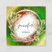 フローラフレームQRコードロゴ金ゴールド赤イエローグリーン スクエア名刺 (正面)