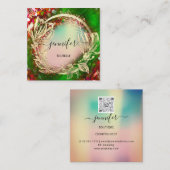 フローラフレームQRコードロゴ金ゴールド赤ホログラフィック スクエア名刺 (正面/裏面)