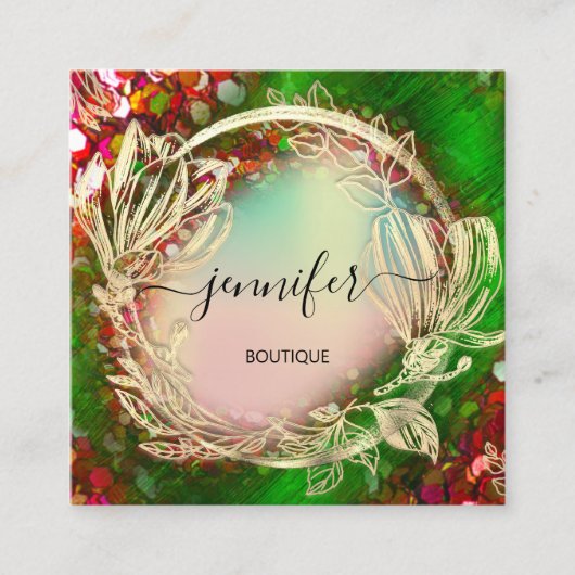 フローラフレームQRコードロゴ金ゴールド赤ホログラフィック スクエア名刺 (正面)