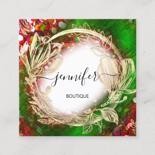 フローラフレームQRコードロゴ金ゴールド赤緑王室の スクエア名刺 (正面)