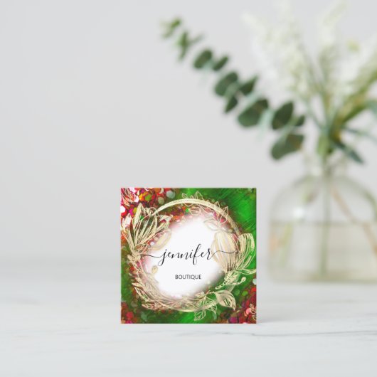 フローラフレームQRコードロゴ金ゴールド赤緑王室の スクエア名刺 (スタンド正面)