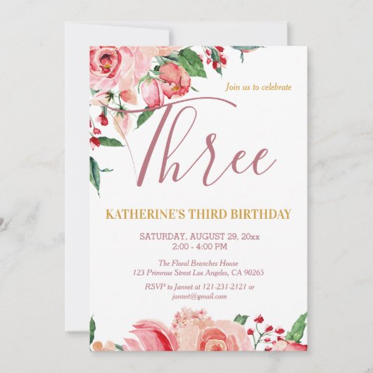 フローラフローラ赤面ピンク金ゴールド水カラー誕生日 招待状 (正面)