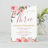 フローラフローラ赤面ピンク金ゴールド水カラー誕生日 招待状 (スタンド正面)