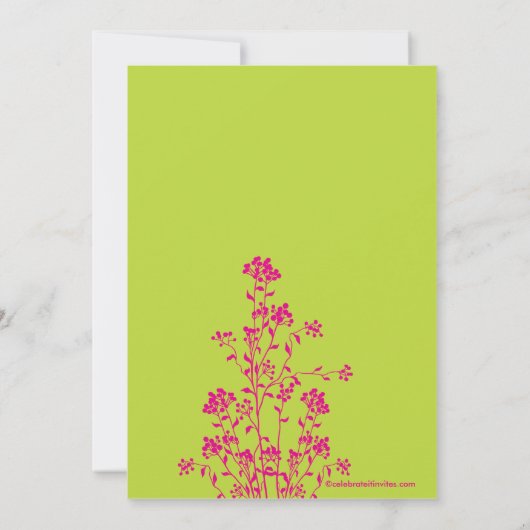 フローラブライダモダンルシャワー招待ライム明るい赤紫色 招待状 (裏面)