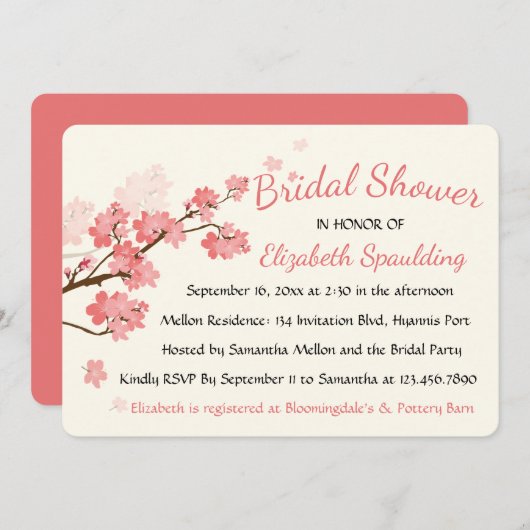 フローラブライダルシャワーさくらんぼブラウズピンクフラワーズ 招待状 (正面/裏面)