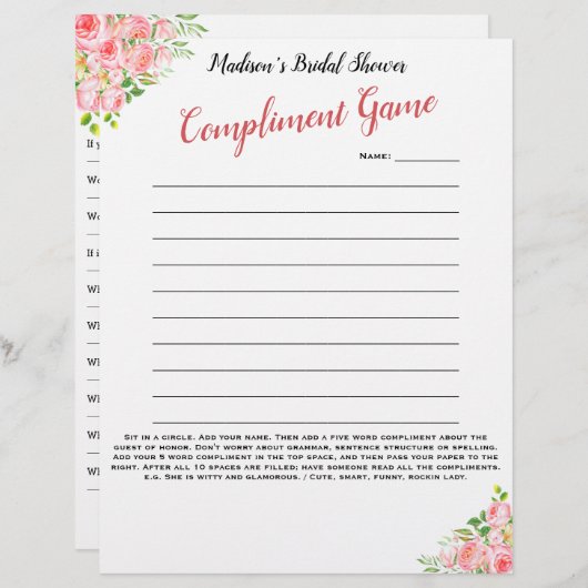フローラブライダルシャワーアイスブレーカー💕 5ワードおもしろい (正面/裏面)