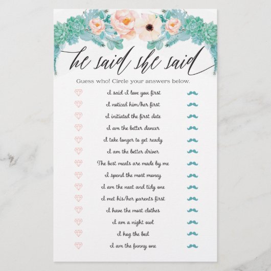 フローラブライダルシャワーゲーム彼は彼女が言った (正面)