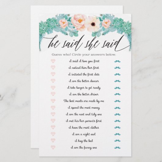 フローラブライダルシャワーゲーム彼は彼女が言った (正面/裏面)